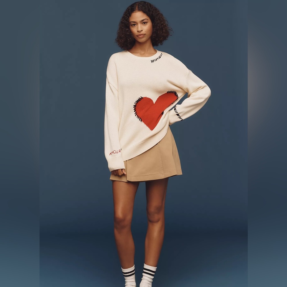 Anthropologie Maeve Crew-Neck Whipstitch Heart Icon Sweater size medium - Picture 2 of 9